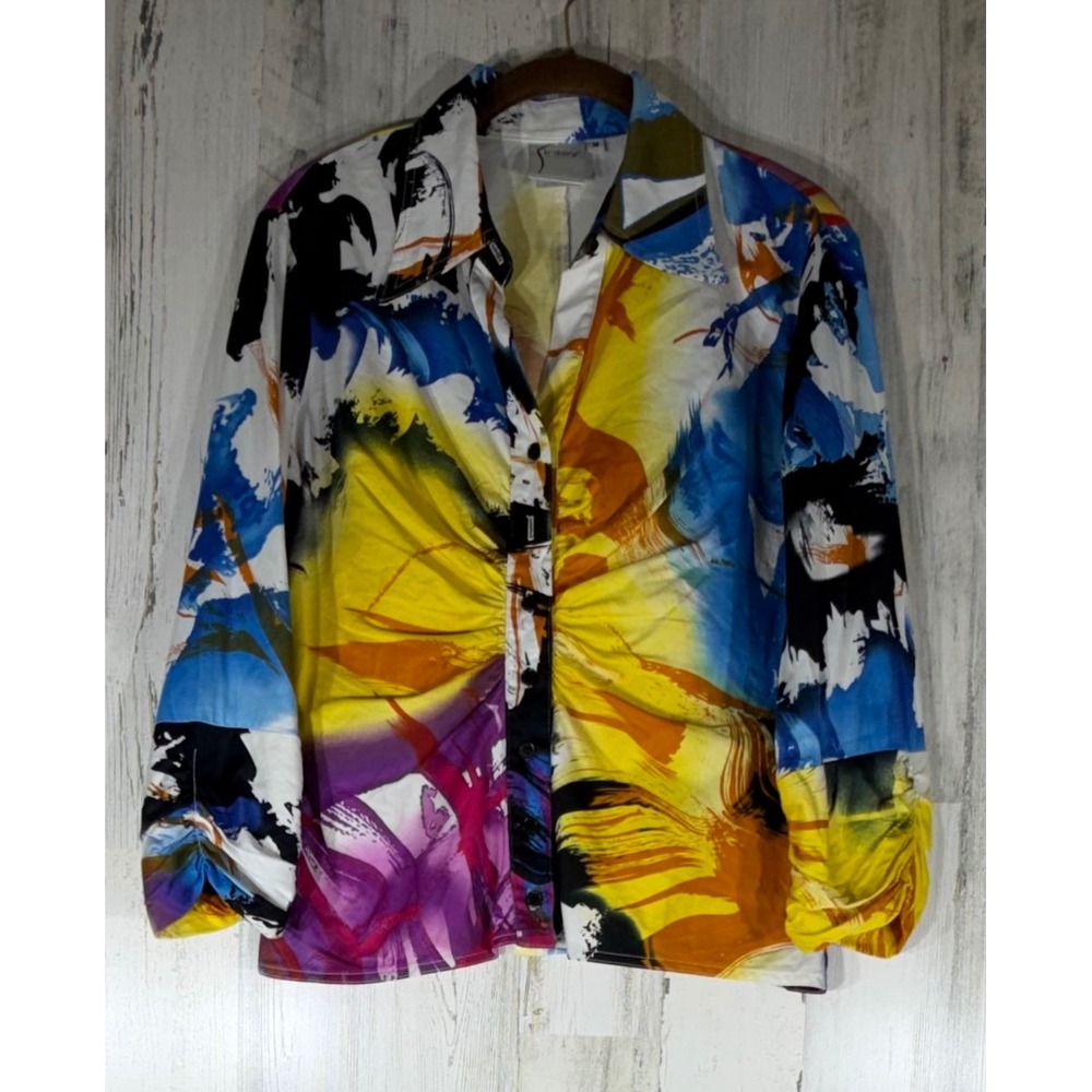 Finley Button‎ Down Shirt Medium Multicolor Abstract Ruched 3/4 Sleeve Tristana